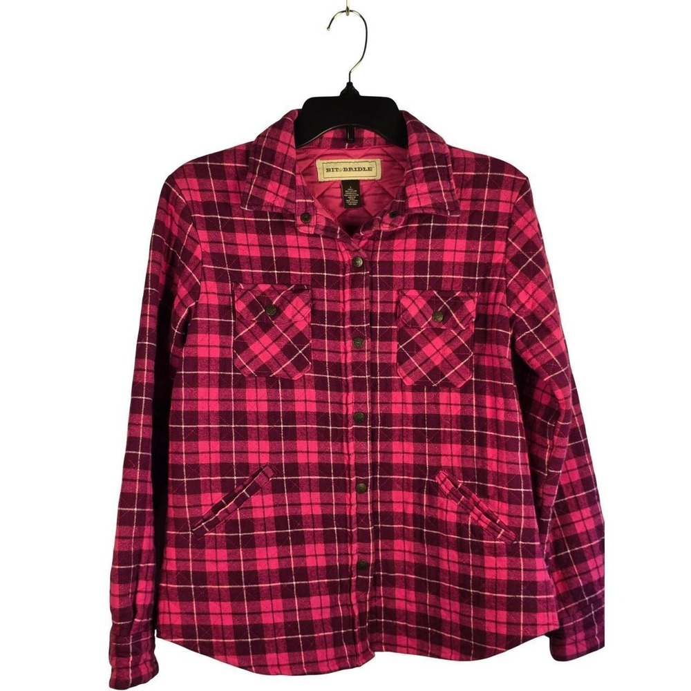Bit & Bridle Womens Pink Purple Plaid Quilted Flannel Shirt Jacket Shacket Small